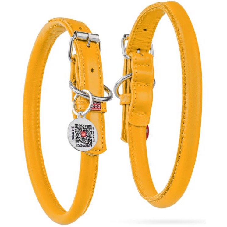 Waudog Rundsyet Læder Halsbånd  Gul  53-61 Cm